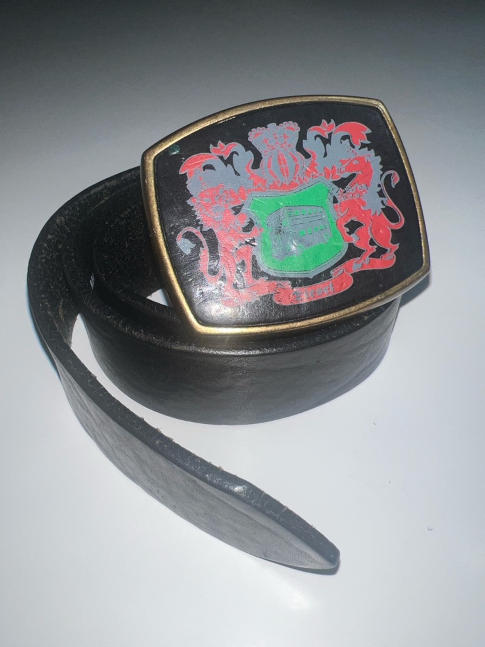 Diesel Black Leather Belt with Red and Green Crest Buckle